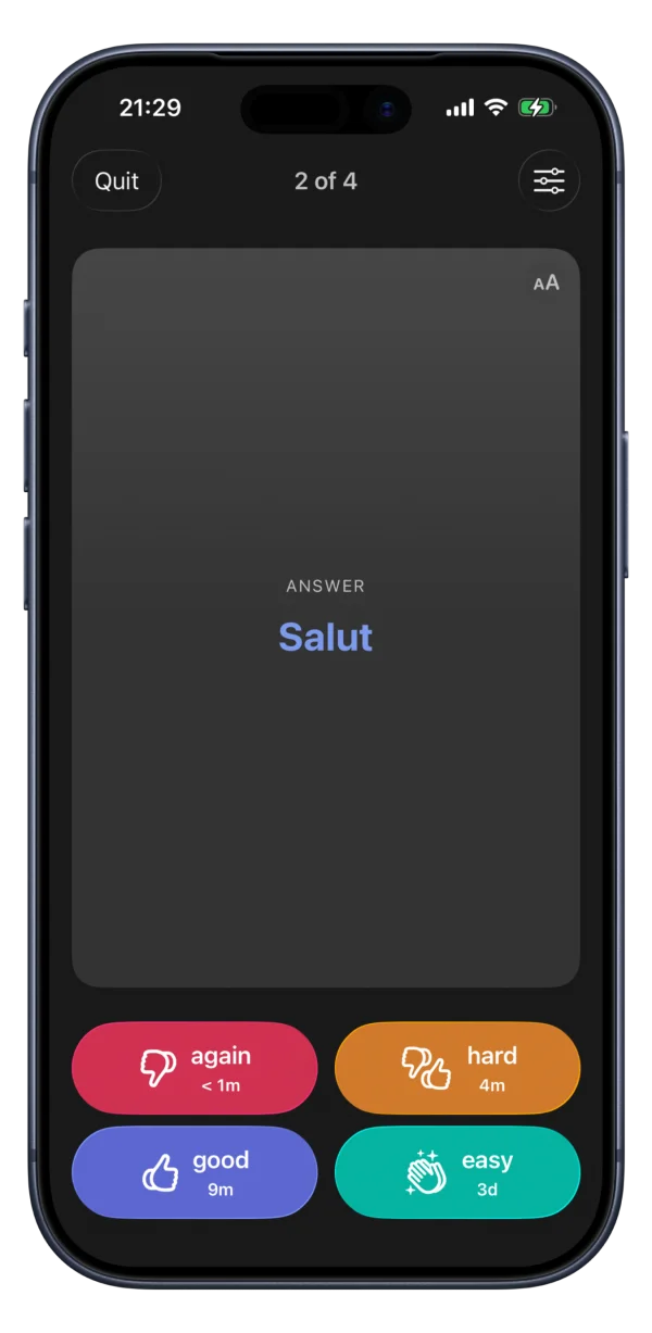 Azri French review screen revealing 'Salut' as the answer with Again, Hard, Good, Easy rating buttons