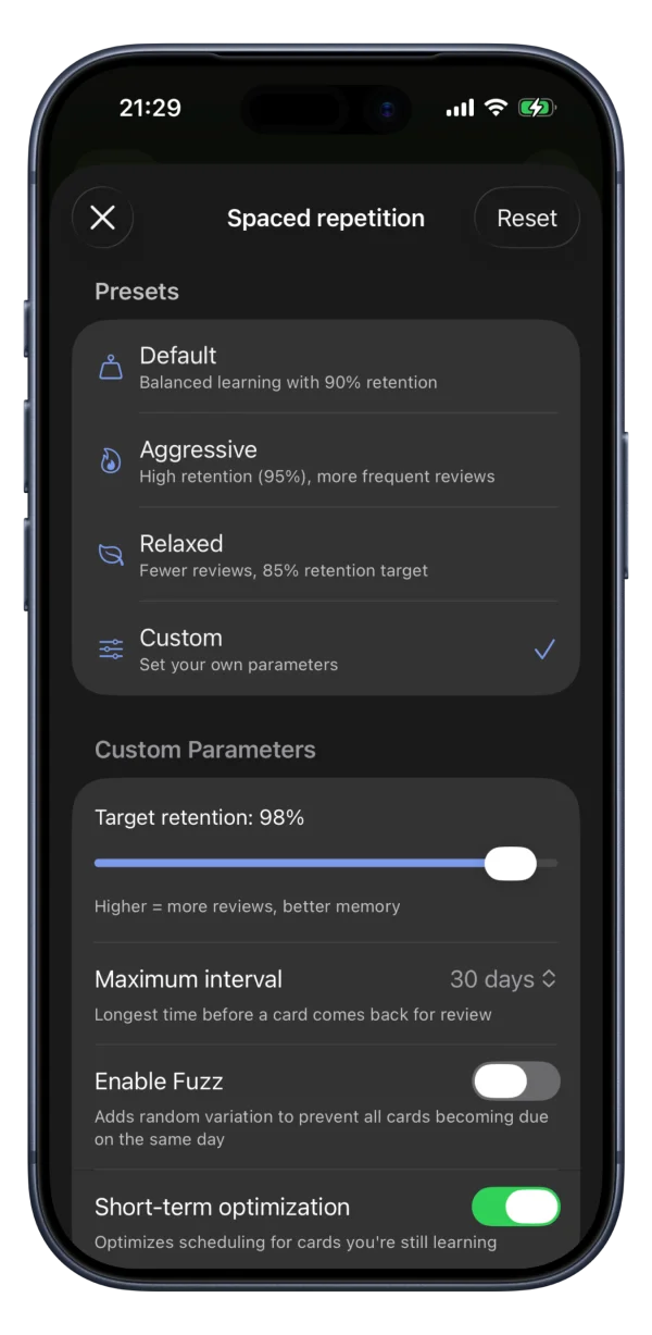 Azri spaced-repetition settings with FSRS presets and target retention slider
