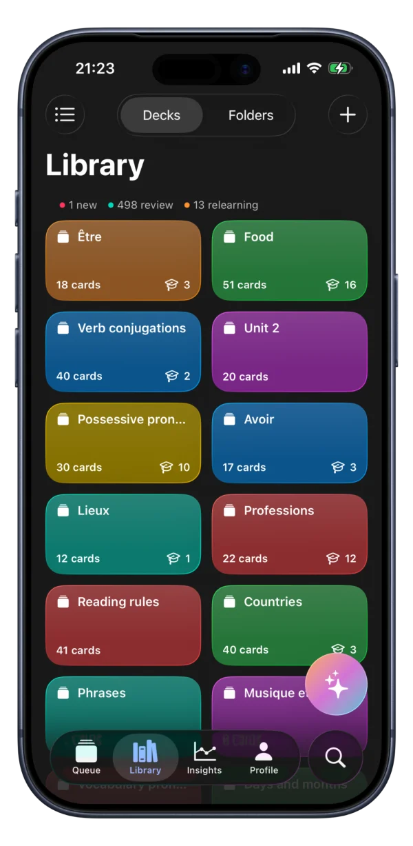 Azri library showing your decks as colorful tiles grouped by topic and language