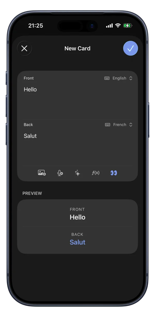 Azri new card editor with English Front, French Back, and a live preview of the card