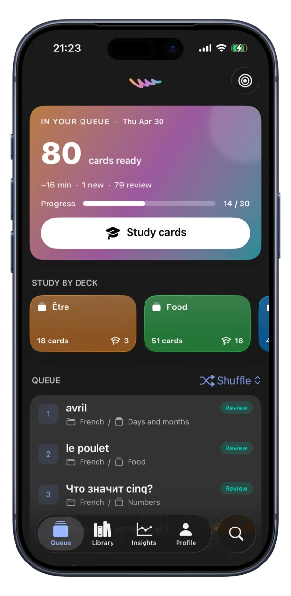 Azri queue showing 80 cards ready and 14 of 30 today's progress with deck shortcuts