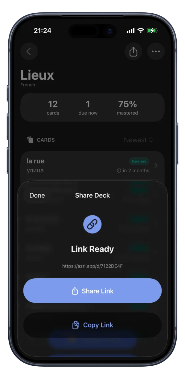 Azri deck sharing screen with a shareable link
